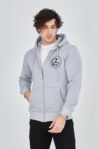 Erkek 3 İplik Pamuklu Fermuarlı Kapüşonlu Kanguru Cepli Baskılı Hoodie Hırka Sweatshirt - Gri