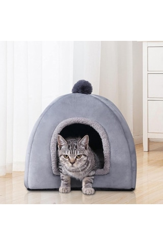 Mufunye Kedi Yatağı, Evcil Hayvanlar İçin Isıltılı Rahat Mağara Tasarımı, Makinede Yıkanabilir Gri