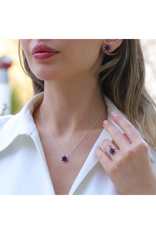 Ametist Taşlı Lotus Çiçekli Gümüş Set Gümüş