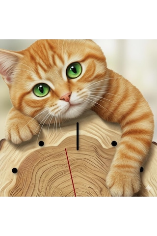 Cajuart Kütük Üzerinden Bakan Sarman Kedi Tasarımlı Duvar Saati Modern Dekoratif Saat Kahverengi