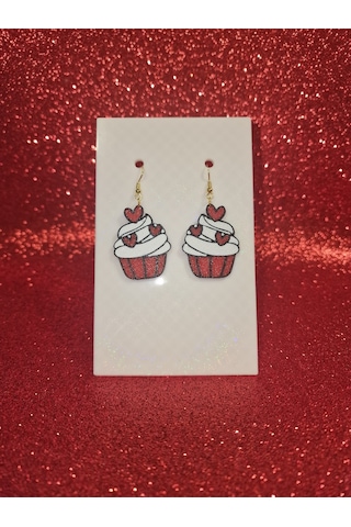 Kalpli Cupcake Küpe Çifti - Sevgililer Günü Temalı Işıltılı Kırmızı Ve Beyaz Tasarım Aksesuar Beyaz