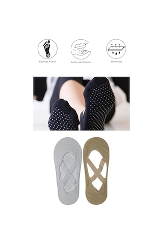 2 Adet Kadın Kaydırmaz Tabanlı Yoga Pilates Fitness Dans Ve Spor Çorabı Beyaz - Bej