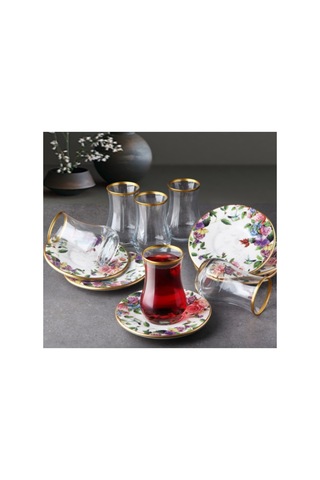 Flora 6 Kişilik Seramik Tabaklı Çay Bardağı Takımı Seti Çok Renkli