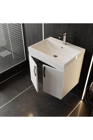 Ege 60 Cm Led Aynalı, 2 Kapaklı Banyo Dolabı Seti, Seramik Lavabo Dahil, Led'li Beyaz