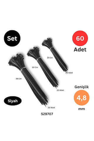 Plastik Kablo Bağı Klipsi Cırt Kelepçe 250-300-380 Mm X 4.8 Mm Siyah 20 Şer Adet Toplam 60 Adet Siyah
