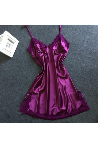 Homyl Bayan Sexy Lingerie Pijama Saten Ilmek Dantel Babydoll Cami Mor