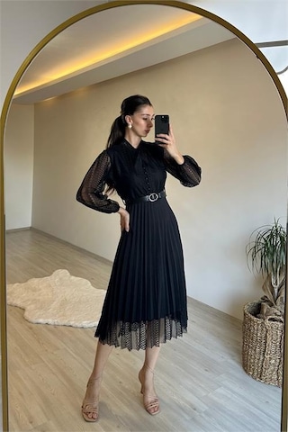 Neşeli Butik Kadın Dantelli Piliseli Yaka Bağlamalı Midi Elbise Nm012 Siyah