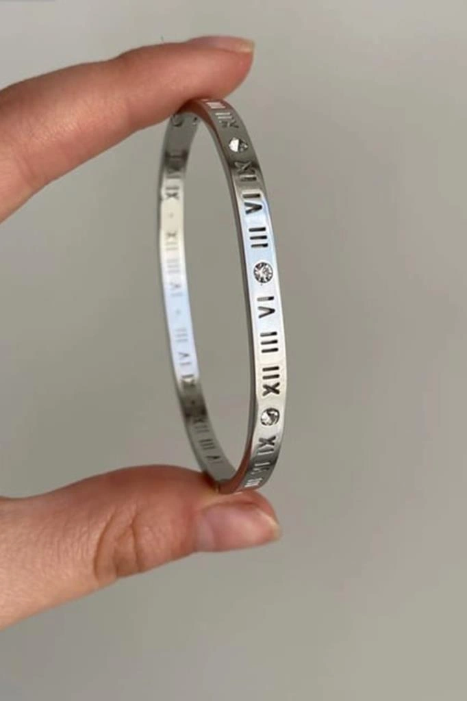 Roma Rakam İnce Taşlı Gümüş Çelik Bileklik Gümüş