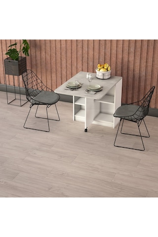 Asra Trend KM-21 %100 MDF 93x70 cm Katlanır Akıllı Mutfak Masası Tekerlekli Servis Masası Beyaz Retro Taş