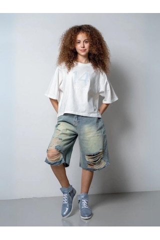 Kız Çocuk Yırtık Denim Kot Şort-15784 Mavi