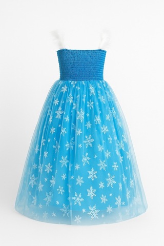 Parti Selesi Kız Çocuk Askılı Tarlatanlı Taç Asa Eldiven Hediyeli Mavi Elsa Elbise Frozen Mavi