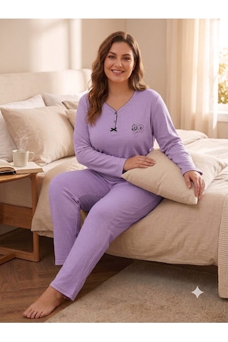Büyük Beden Uzun Kol Pamuklu Likralı İnterlok Kumaş Pijama Takımı 8739 Lila