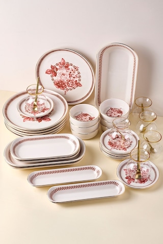 Danish Rose Yaldızlı 37 Parça 6 Kişilik Stackable Kahvaltı Takımı Ve Sunum Seti Pembe Pembe