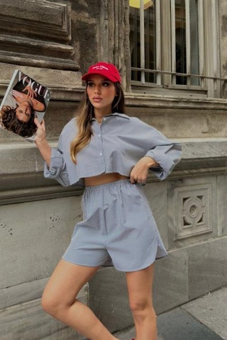 Butik İstanbul Volerie Çizgili Şortlu Takım 9342-17 Si Yah