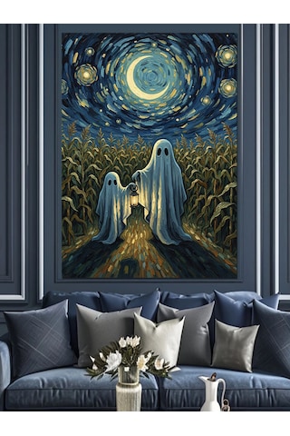 Ahşap Tablo Van Gogh Tarzı Yıldızlı Gecede Hayaletler İllüstrasyonu
