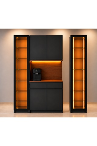 Noir Antrasit Çift Modüllü Led Işıklı Kahve Köşesi Cam Raflı Vitrin Dolabı 140 Cm