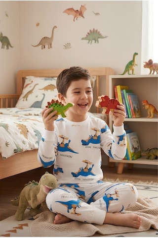 Bunny Hopp Erkek Çocuk Dinozor Desenli Pijama Takımı %100 Pamuk Beyaz Uzun Kollu Ev Giyimi