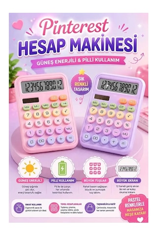 Pinterest Renkli Hesap Makinesi 12 Haneli Yuvarlak Tuşlu Şirin Hesap Makinesi Büyük Lcd Ekran Çok Renkli