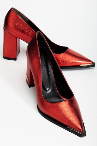 Suins Premium Verty Model Kadın Kalın Topuklu Burnu Taşlı Rugan Stiletto Ayakkabı Kırmızı