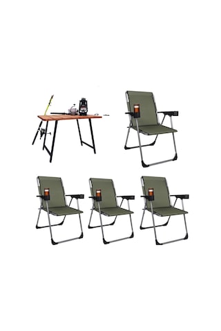 Alin Metal 4''lü Lüks Bardaklı Kamp Sandalyesi Ve Masa Set Haki Haki