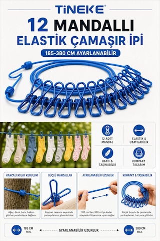 Tineke 12 Mandallı Taşınabilir Elastik Çamaşır İpi 185-380 Cm Ayarlanabilir Kamp, Seyahat Ve Bal Çok Renkli