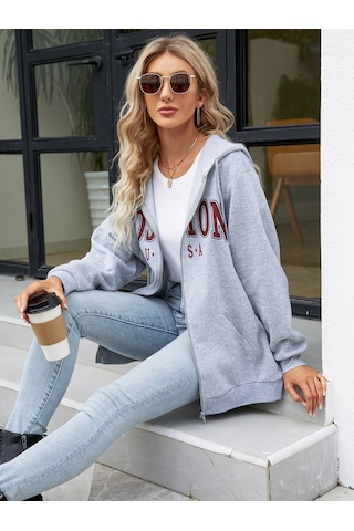 Altamira Unisex Bej Boston Baskı Kapüşonlu Hırka 001