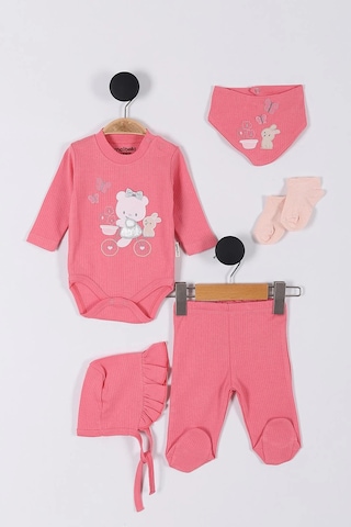 Tavşan Desenli Müslin Kız Bebek Hastane Çıkışı Bebek Kıyafetleri Yenidoğan Hastane Çıkış Seti 5 Li Pudra