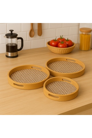 Dekorasyaa Yuvarlak Bambu Tepsi 3'lü Set - 25x30x35 Bambu