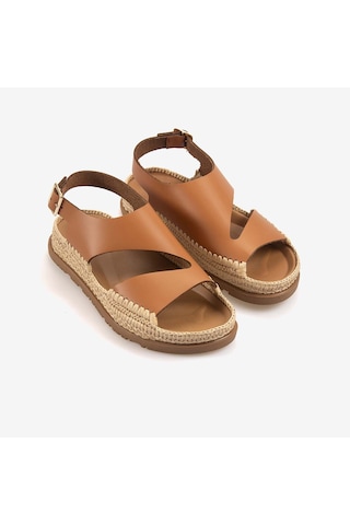 Hawen Angels Kadın Hasır Örgü 3cm Kauçuk Tabanlı Deri Sandalet 4003 Taba