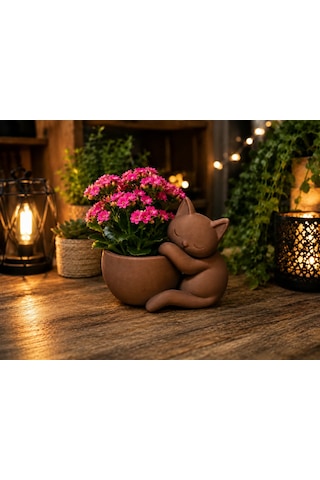 3d Baskı Sarılan Kedi Saksı - Sevimli Dekoratif Saksı - Kahverengi -
