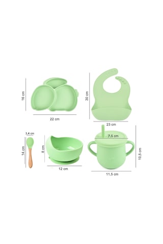 Silikon Beslenme Seti / Vakumlu Silikon Mama Tabağı Ve Kase, Önlük, Pipetli Bardak Ve Kaşık / Yeşil