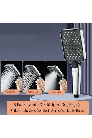Kare 3 Fonksiyonlu Yüksek Basınçlı Ayarlanabilir Duş Başlığı Krom
