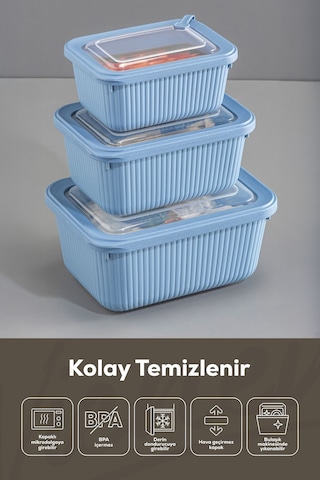 Vienev 3'lü Vip Dikdörtgen Mikrodalga Ve Difrize Uygun Saklama Kabı Seti Mavi 1x 1750,1050,600 Ml Mavi