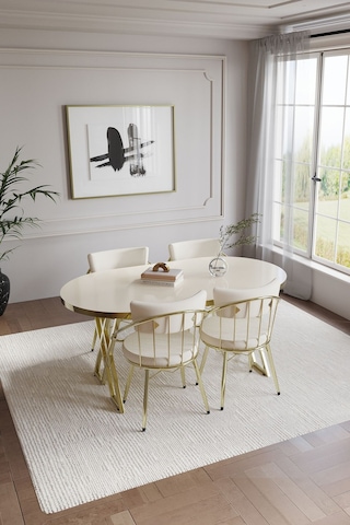 Selenit Mutfak Yemek Masası Takımı- 4 Kişilik Mutfak Masa Sandalye Takımı- Mutfak Masası Takımı Gold Düz Krem