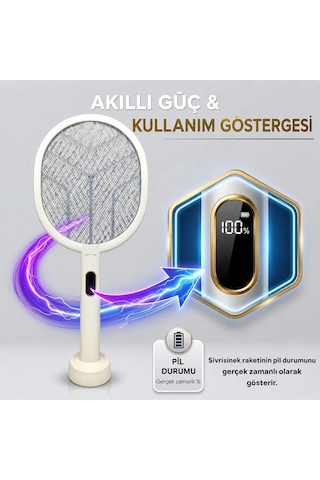 Dijital Ekranlı Şarjlı Sinek Raketi Usb Type-c Elektrikli Standlı El Tipi Mor Işıklı Sivrisinek Öldürücü Beyaz