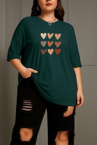 Büyük Beden Sıralı Kalpler Baskılı Unisex Tişört Yeşil