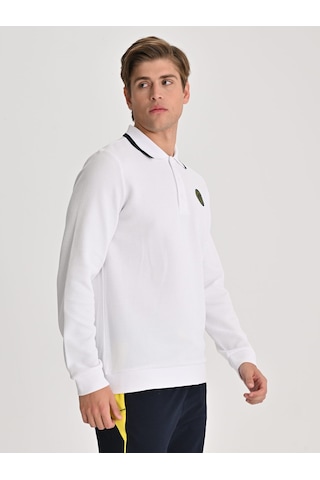 Fenerbahçe Beyaz Tribün Tek Renk Logolu Uzun Kollu Erkek Polo Tshirt