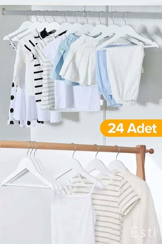 Esti 24 Adet - Ahşap Görünümlü Çocuk Ve Bebek Elbise ,kıyafet Askısı Beyaz Kahverengi