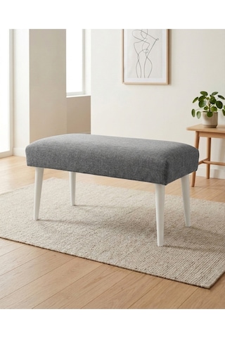 Gri Keten Kumaş Bench Puf 90x45x46 Cm Ahşap Beyaz Ayaklı Demonte Modern Yatak Ucu Bench Oturma Bankı Antre Koridor Pufu
