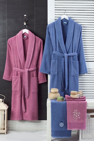 4 Parça Aile Bornoz Seti Kadın Erkek Havlulu Bornoz Takımı Mürdüm-lacivert