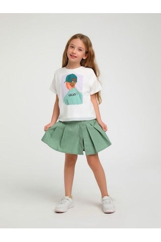 Kız Çocuk Pileli Bel Lastikli Şort Etek-14125 Yeşil