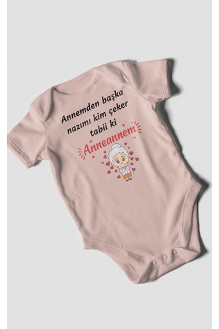 Annemden Başka Nazımı Kim Çeker Tabiki Annanem V2 Baskılı Bebek Zıbını Çıtçıtlı Body Kısa Kol Pastel Pembe
