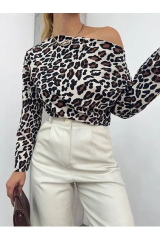 Cemo Leopar Desenlı Uzun Kollu Asimetrik Yaka Bluz LEOPAR