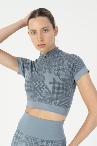 Maraton Slimfit Kadın Bisiklet Yaka Mavi Crop Top Mavi