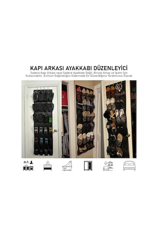 Valkyrie Kapı Arkası Ayakkabı Organizer 24 Gözlü Askılı Dolap İçi Düzenleyici 4 Kancalı Siyah siyah