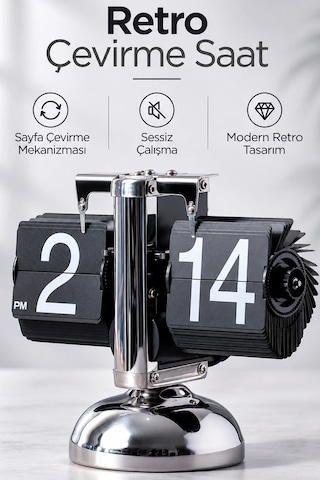 Exenar - Siyah - Masaüstü Mekanik Sayfa Çevirmeli Retro Saat Vintage Minimalist Yaprak Masa Saati Paslanmaz Çelik Gri - Siyah