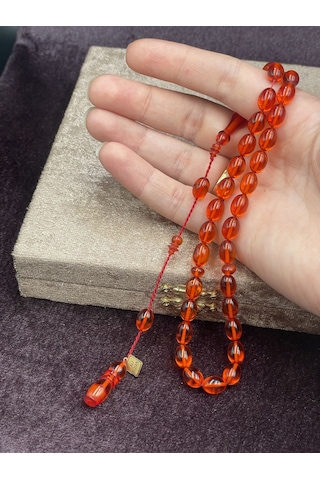 Ali Fidan İmzalı El Boy Badem Kesim Turuncu Amber Ateş Kehribar Tesbih 7x10 Mm
