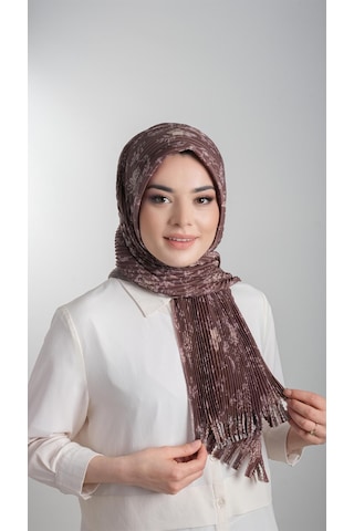 Kahverengi Pratik Hazır Geçmeli Tesettür Eşarp Kesik Elyaf Piliseli Çiçek Desenli 1818d6 14