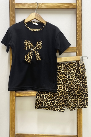 Kız Çocuk Şort Etek Takım Leopar Baskılı Fırfırlı B1 Siyah