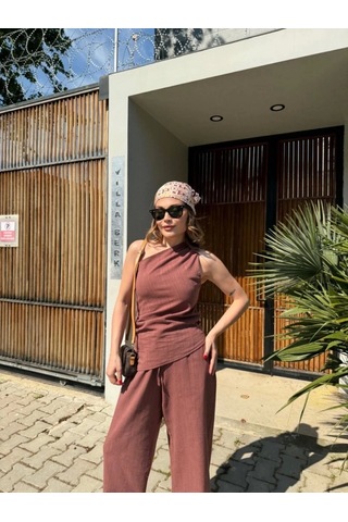 Keten Asimetrik Tek Omuzlu Bluz Pantalon Takım- Bordo Bordo